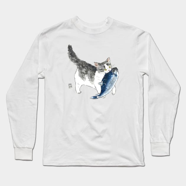 Cat and fish Long Sleeve T-Shirt by colorofmori